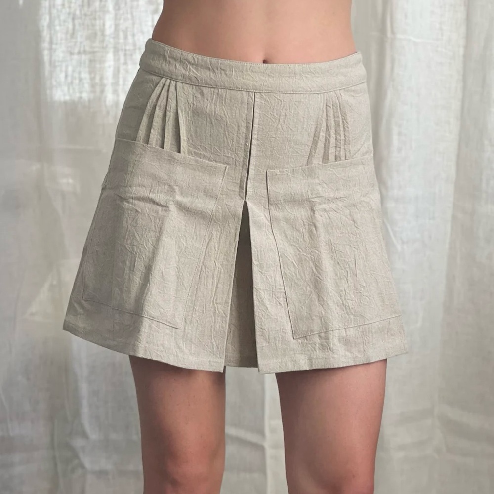 $275 Emma Rothkopf Linen Cotton Mini Pleated Tennis Skirt Large L Natural / Ecru